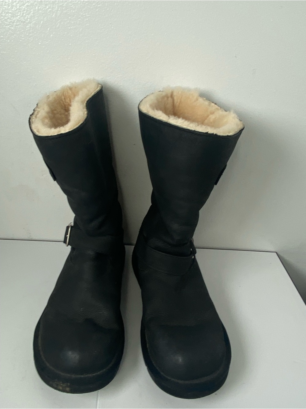 UGG Kensinton Women's Black Leather Moto Shearling-Lined Biker Boots